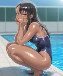 0rever 1girls 2025 ai ai_assisted ai_generated breasts hayase_nagatoro hazel_eyes legs looking_at_viewer please_don't_bully_me,_nagatoro pool poolside smile squatting swimsuit tan tan_body tan_skin