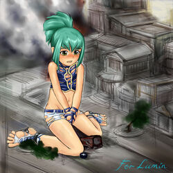 1boy blush city covering_crotch embarrassed feet femboy green_eyes green_hair legs_apart leo leo_(yu-gi-oh!) lua_(yu-gi-oh!) micro tagme toes torn_clothes trees yu-gi-oh! yu-gi-oh!_5d's