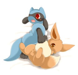 beige_fur black_fur blue_fur blush brown_eyes brown_fur color cute eevee fur furry_ears furry_tail interspecies male male_only multiple_males nude open_mouth penis pointy_ears pokemon red_eyes riolu schnecken tail testicles white_background wink