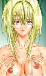 black_cat_(series) blonde_hair breasts bust_portrait copyright_name english_text eve_(black_cat) female female_only front_view glasses hands_on_breasts human looking_at_viewer nipples nolia pink_eyes solo tagme