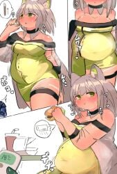 arknights b45ui big_breasts blushing_at_viewer bulging_belly chubby chubby_cheeks comic eating fat ill-fitting_clothing kal'tsit_(arknights) nimo nimo22 thick_arms thick_thighs weight_gain