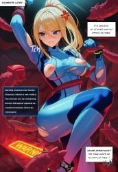 ai_generated anger_vein angry blonde_hair blue_bodysuit blue_eyes blush bodysuit bondage breasts clenched_teeth english_text female hair_between_eyes imminent_rape large_breasts long_hair metroid mole mole_under_mouth nipples ponytail restrained samus_aran skin_tight solo teeth tentacle torn_bodysuit torn_clothes v-shaped_eyebrows vysetf zero_suit