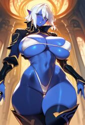 1girls 2d ai_generated big_breasts dark-skinned_female dark_elf dark_skin drow elf fallen_throne female female_focus female_only highleg large_breasts medium_hair queen_nualia solo solo_female solo_focus tagme thighhighs white_bikini white_hair wide_hips