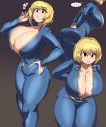1girls ass big_ass big_breasts blonde_hair breasts busty captain_kirb cleavage clothing fallout female female_only hand_on_hip huge_breasts large_breasts looking_at_viewer mob_face no_bra open_clothes open_suit png short_hair solo thick_thighs vault_girl vault_suit wide_hips