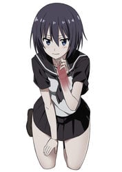 black_hair black_skirt blue_eyes blush female handjob ninja_slayer penis pleated_skirt school_uniform serafuku short_hair short_sleeves skirt solo t_thekey white_background yamoto_koki