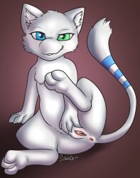 2025 3_toes 4_fingers absurd_res anus blue_body blue_eyes blue_fur blue_markings blue_stripes blue_tail dated fan_character feet felid feline female feral fingers front_view fur fur_markings generation_1_pokemon genitals green_eyes heterochromia hi_res inner_ear_fluff itsdraconix legendary_pokemon looking_at_viewer mammal markings mew_(pokemon) multicolored_tail narrowed_eyes nintendo pink_vulva pokemon pokemon_(species) presenting presenting_vulva raised_leg shaded signature simple_background smile smiling_at_viewer smirk smirking_at_viewer snout solo striped_body striped_fur striped_markings striped_tail stripes tail tail_markings toes tuft two_tone_tail vulva white_body white_ears white_fur white_inner_ear white_inner_ear_fluff white_tail yuki_(side_b)