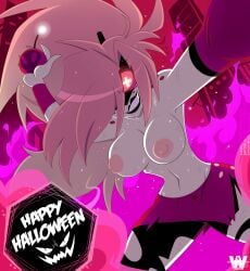 1girls artist_logo artist_name black_lipstick breasts cherri_bomb cherri_bomb_(hazbin_hotel) cherry_bomb drakehernandez female female_focus female_only grin halloween hazbin_hotel nipples pink_hair pink_theme smile solo solo_female solo_focus sweat tagme x_pupils