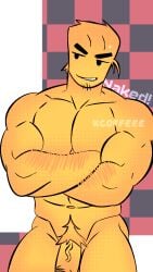 1boy arms_crossed arms_crossed_under_pecs bara buff checkered_background devesto die_of_death_(roblox) gay hairy hairy_male hunk kc0ffeee naked nude penis roblox roblox_game robloxian self_upload smirk smirking tagme white_background yellow_body