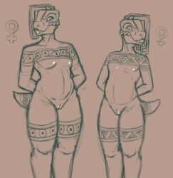 anthro areye_(artist) argonian ass bethesda_softworks buckteeth duo feathers female girly horn male markings muscular muscular_female scalie slightly_chubby slit story story_in_description stubby_tail tattoo teeth the_elder_scrolls thick_thighs tribal tribal_markings video_games