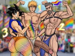 3boys abs alternate_version_available bleach crossover dilf dragon_ball fishnets goku human human_only ichigo_kurosaki male male/male/male male_only nipples pecs pokemon_scarlet_&_violet pride_flag pride_month professor_turo rainbow_paint rainbow_pride_colors son_goku turo yaoi yoruunsfw
