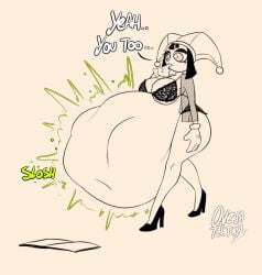 1girls big_ass big_belly big_breasts black_bra black_hair black_panties breasts cosplay dialogue digestion_noises female female_pred gloves heels hyper hyper_belly jester jester_hat lingerie lingerie_only men_in_black men_in_black_ii movie_reference onomatopoeia pomni_(the_amazing_digital_circus) serleena_(men_in_black) sexy_pred solo tacticalsheep the_amazing_digital_circus vore vore_belly weird_crossover