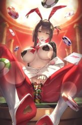 animal_ears black_hair breasts card female floating_card gainoob goddess_of_victory:_nikke hair_ornament heart_pasties highres holding holding_card large_breasts looking_at_viewer mouth_hold multicolored_hair off_shoulder official_alternate_costume one_side_up pantyhose pasties playboy_bunny playing_card poker_chip rabbit_ears red_hair red_pantyhose rouge_(nikke) rouge_(unlucky_rabbit)_(nikke) shirt short_hair shrug_(clothing) sitting solo spade_hair_ornament spade_pasties two-tone_hair white_shirt yellow_eyes