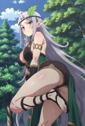 ahoge ai_generated ass bare_shoulders blush breasts cleavage closed_mouth cloud elf feet female grey_eyes grey_hair hair_ornament kris_argent large_breasts leaf_hair_ornament leg_up long_hair looking_at_viewer nageki_no_bourei_wa_intai_shitai outdoors patreon_username pelvic_curtain pointy_ears sandals shorts sky smile solo standing standing_on_one_leg sweat thighs toes tree very_long_hair xinyuai