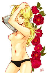 automail beige_skin breasts clothes color edward_elric female female_only flower fullmetal_alchemist hair human long_hair looking_at_viewer looking_left mechanical_arm nipples open_eyes panties rule_63 scar solo standing topless yellow_eyes yellow_hair