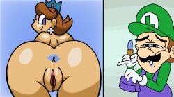 2025 anus artist_request ass ass_focus asshole blue_lipstick brown_hair funny happy kiss_mark kiss_mark_on_anus kissing lipstick lipstick_mark lipstick_mark_on_anus lipstick_mark_on_ass looking_at_partner luigi mario_(series) princess_daisy purse pussy reference_image short_hair simple_background simple_coloring smile spongebob_reference spongebob_squarepants super_mario_bros. super_mario_land