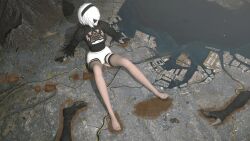 1girls 3d blindfold breasts city destruction female female_only giantess hairband light-skinned_female light_skin macro nier nier:_automata pyroskully short_hair sitting solo white_hair yorha_2b