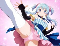 1girls ai_generated angry angry_expression angry_face attack blue_eyes blue_hair earrings female fight fighting_stance japanese_female kick kicking kicking_another long_hair magia_record:_mahou_shoujo_madoka_magica_gaiden magical_girl minami_rena no_sex pink_background tsundere