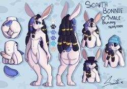 absurd_res anthro beads beanie blue_eyes butt clothing dreadlocks femboy genitals hat headgear headwear hi_res lagomorph leporid male male/male mammal model_sheet penis rabbit scarth scarth_bonnie solo tail