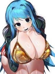 1girls 2d bikini_top black_eyes blue_hair breasts buruma character_request cleavage cute embarrassed female female_only from_above gold_bikini_top golden_bikini golden_week huge_breasts long_hair open_jacket open_mouth sharp_teeth sitting solo tagme thick_thighs white_background wide_hips