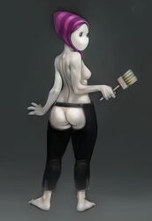 1girls ass breasts brothatslewd carapace grey_background headwear homestuck leggings looking_back ms._paint ms_paint_adventures nipples paintbrush solo white_skin zaagn