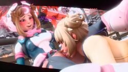 2girls 3d 3d_(artwork) christmas crotchless english english_dialogue english_text himiko_toga_(cosplay) himiko_toga_kiriko jdv juno_(overwatch) kiriko_(overwatch) kiriko_kamori lesbian_sex my_hero_academia nervous_smile ochako_uraraka_(cosplay) oral_sex outdoors outside overwatch overwatch_2 partially_nude pubic_hair pussy_juice text uravity_juno yuri