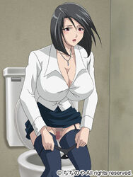 bakunyuu_bomb big_breasts black_hair breasts brown_eyes censored chichinoya female huge_breasts large_breasts lowres mature_female milf official_art screencap stockings teacher toilet wakatsuki_risa