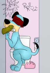 black_nose blindfold blue_fur cock_hungry dildo dildo_in_ass erection flaccid_while_penetrated gay glory_hole green_penis hanna-barbera huckleberry_hound imminent_fellatio male_only order_given penis precum_drip tagme the_huckleberry_hound_show toilet_stall