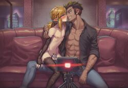2boys ai_art ai_generated almond_eyes almost_kissing black_hair black_nails blue_eyes blush brown_skin caged_cock camera chastity_cage crossdressing earrings eyes_half_open femboy femboysub feminine_male feminization fingerless_gloves flushed gay gay_sex girly girly_boy golden_hair hylian hylian_ears imminent_kiss imminent_sex legwear link link_(breath_of_the_wild) link_(tears_of_the_kingdom) long_nails luxica male_on_femboy maledom males_only nipples novelai pale_skin penis ponytail porn_shoot pornography recording sitting_on_lap smirk sofa the_legend_of_zelda trap twink uncensored undercut yaoi