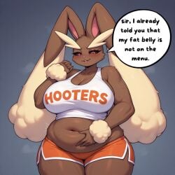 ai_generated big_ass big_breasts bunny_ears chubby chubby_female fat_ass fat_belly fat_female female female_only female_pokemon holding_belly hooters hooters_uniform huge_ass huge_breasts lopunny minishorts miniskirt orange_shorts pink_eyes pokemon squish_belly