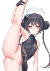 armpits bandaid bandaid_on_pussy black_dress black_gloves black_hair blue_archive braid breasts bun_with_braided_base butterfly_hair_ornament china_dress chinese_clothes closed_mouth double_bun dragon_print dress female gloves grey_eyes hair_bun hair_ornament half_gloves halo highres honon kisaki_(blue_archive) leg_lift leg_up long_hair looking_at_viewer no_panties print_dress pussy pussy_peek side_slit simple_background sleeveless sleeveless_dress small_breasts solo split standing standing_on_one_leg standing_split twintails white_background