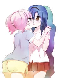 2girls baka_neko blue_eyes blue_hair blush casual female_focus furutani_himawari hair_bobbles hair_ornament hairband hand_holding imminent_kiss interlocked_fingers kamiki_uutarou multiple_girls open_mouth pink_hair shirt short_shorts shorts skirt t-shirt white_background yoshikawa_chinatsu yuri yuru_yuri