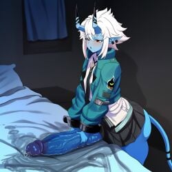 1futa ai_generated ass bed bedroom big_ass blue_skin blush cinderhee earrings flat flat_chest flat_chested flat_chested_futa fluids futa_only futanari hips horns horny_female hoyoverse jacket jacking_off long_ears masturbating masturbation orange_eyes precum shirt short_hair skirt sloppy solo solo_futa soukaku_(zenless_zone_zero) stained_sheets tagme tail tie white_hair zenless_zone_zero