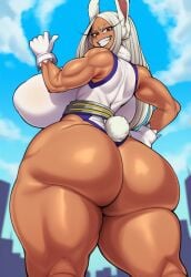 1girls 2d ai_generated animal_ears ass bare_shoulders biceps big_ass big_breasts big_butt big_thighs blue_sky boku_no_hero_academia breasts bubble_butt cloud dark-skinned_female dark_skin female female_only from_behind fur_collar gigantic_breasts gigigens gloves grin hand_on_own_hip highleg highleg_leotard huge_ass huge_breasts huge_butt huge_thighs large_ass large_breasts large_butt large_thighs leotard long_eyelashes long_hair looking_at_viewer looking_back massive_breasts miruko muscles muscular muscular_female my_hero_academia outdoors parted_bangs rabbit_ears rabbit_girl rabbit_tail red_eyes rumi_usagiyama sky sleeveless sleeveless_turtleneck_leotard smile solo solo_female superhero tail tail_through_clothes teeth thick_ass thick_butt thick_thighs thighs thumbs_up white_gloves white_hair white_leotard
