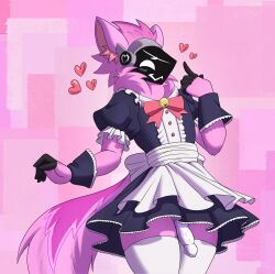 absurd_res anthro bell bell_collar bottomwear bow_ribbon clothed clothing collar dress femboy fingers fur genitals gesture hand_gesture heart_symbol hi_res knot knotted_penis machine maid_uniform male male/male markings neck_tuft pattern_background penis peter_(uwu_peter) pink_body pink_fur pointing pointing_at_self protogen simple_background skirt solo tail tail_markings teuzrosa tuft uniform vein veiny_penis