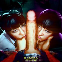 1boy 2girls 3d 3d_(artwork) asian_female back_to_the_future big_penis black_hair cock_worship crossover fortnite fortnite:_battle_royale gogo_yubari gogo_yubari_(fortnite) japanese_female keszza kill_bill looking_at_viewer marty_mcfly penis_between_faces penis_on_face sisters stylized thumb_in_mouth watermark yuki_yubari