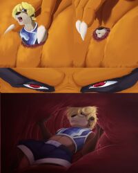 4:5 almost_fully_inside anal anal_head_gulp anal_vore anthro anus blonde_hair blue_eyes brown_body brown_fur canid canine claws colored comic duo extreme_size_difference fox fur hair hi_res inside_anus internal kurama macro male male/male mammal micro mustelid naruto nude_prey orange_body orange_fur otter pandottermon parker_(pandottermon) pink_anus red_eyes size_difference vore