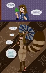 absurd_res animal_humanoid anthro anthrofied ass balls big_butt blue_clothing blue_necktie brown_body brown_fur brown_hair canid canid_humanoid canine canine_humanoid clothing english_text eyewear femboy fur genitals glasses grin hair hi_res holding_object holding_umbrella human humanoid long_hair male mammal mammal_humanoid mentalcrash multicolored_body multicolored_fur necktie nude nude_anthro nude_male pawpads pink_pawpads profanity raccoon_dog rectangular_glasses smile solo species_transformation tanuki tanuki_humanoid tanuki_leaf tanuki_tail text thick_thighs tongue tongue_out transformation umbrella