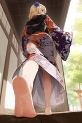 absurdres ass barefoot black_sash blonde_hair blue_eyes blurry blurry_background day feet female foreshortening from_below full_body gher5 girls'_frontline hair_ornament hair_over_shoulder heel_up highres holding indoors japanese_clothes kimono kneepits lens_flare long_hair looking_back mg3_(girls'_frontline) no_shoes obi obijime print_kimono purple_kimono red_kimono sash sidelocks soles solo torii wide_sleeves