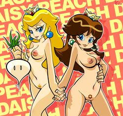 2girls blonde_hair blue_eyes blush bracelet breasts brown_hair color crown duo earrings female female_only flower_earrings half-closed_eyes holding holding_hands human lips lipstick long_hair looking_at_viewer mario_(series) multiple_girls navel nintendo nipples nude pinup princess_daisy princess_peach pubic_hair pussy ring shoulder_length_hair standing super_mario_bros. super_mario_bros._2 thick thick_thighs thighs turnip vernacular vulva