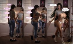3d 3d_(artwork) 3d_model 3d_render amaz2k12 artist_name ass ass_expansion big_ass big_breasts bimbo bimbo_body bimbo_lips bimbofication bimbofication_sequence black_hair breast_expansion breast_growth breast_growth_(enlargement) breasts breasts_bigger_than_head comic curse cursed denim denim_bottomwear denim_jeans dialogue english english_text eyeshadow footwear footwear_removed giggle giggling glasses hips hourglass_figure huge_ass huge_breasts intelligence_drain intelligence_loss jeans large_ass large_breasts lip_expansion lips lipstick long_nails makeup massive_breasts midriff midriff_baring_shirt navel nerd nerdy nerdy_female nipples nipples_outside onomatopoeia panels panties pink_eyeshadow pink_lipstick ponytail reality_warping shirt shirt_up socks speech_bubble spiral text transformation transformation_sequence wide_hips