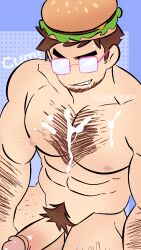007n7_(forsaken) 1boy abs arm_hair bara blue_background buff chest_hair cum cum_on_chest erect_penis erection facial_hair forsaken_(roblox) gay glasses hairy hairy_arms hairy_chest hairy_male himbo kc0ffeee muscular muscular_male nipples nude pecs pectorals pink_glasses pubes pubic_hair roblox roblox_game robloxian self_upload smirk solo tagme