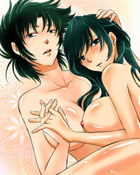 2girls areola blush body_blush breast_press breasts bronze_saints busty capricorn_shura cleavage dragon_shiryu female gold_saints green_hair large_breasts multiple_girls nipples rule_63 saint_seiya shounen_jump voluptuous yuri