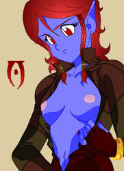 1girls blue_skin boobs dark_elf dunmer elf elf_ears elf_female nipples oblivion open_shirt sindyanna tagme the_elder_scrolls