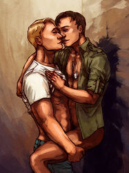 2boys abs artist_request blonde_hair bottomless brown_hair bucky_barnes captain_america captain_america_(series) closed_eyes clothed_sex dog_tags gay happy_trail leg_grab male male_only marvel muscle navel partially_clothed pecs pubic_hair stereowire steve_rogers tagme uniform winter_soldier yaoi