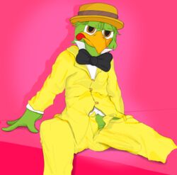 2020 anthro avian balls beak bird bulge classy clothed clothing disney erection erection_under_clothing feathers genitals green_body hat headgear headwear jose_carioca looking_at_viewer male male_only parrot posnno simple_background smile solo solo_male the_three_caballeros tongue tongue_out