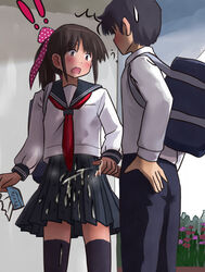 backpack black_hair blush brown_hair cum cum_on_clothes cumshot ejaculation female g_yukishiro handjob male seifuku straight surprised sweat sweatdrop