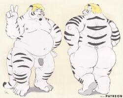 2023 absurd_res anthro ass balls belly big_belly blonde_hair felid flaccid genitals hair hi_res humanoid_genitalia humanoid_hands humanoid_penis male mammal overweight overweight_male pantherine penis pink_nose sato_afroleone solo tiger