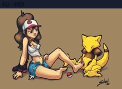 2012 abra barefoot blue_eyes breasts cleavage clothes color cum feet female foot_fetish footjob hilda_(pokemon) human interspecies long_hair male nintendo nude penis poke_ball pokemon pokephilia sitting soloid straight toes