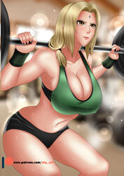 1girls abp_art big_breasts blonde_hair blush booty_shorts breasts female female_only long_hair naruto short_hair solo solo_female solo_focus sports_bra sweat tsunade weightlifting weights white_skin workout yellow_eyes