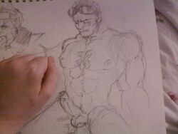 2boys abs anal_penetration anal_sex artist_self-insert average_sized_penis chest_hair erect_nipples erect_while_penetrated erection eyes_closed facial_hair gay goggles_on_forehead jack_cayman madworld mostly_offscreen_character muscular_male nude_male pecs pencil_(artwork) pubic_hair retracted_foreskin riding_penis sitting_on_penis sketch_page spread_legs tagme